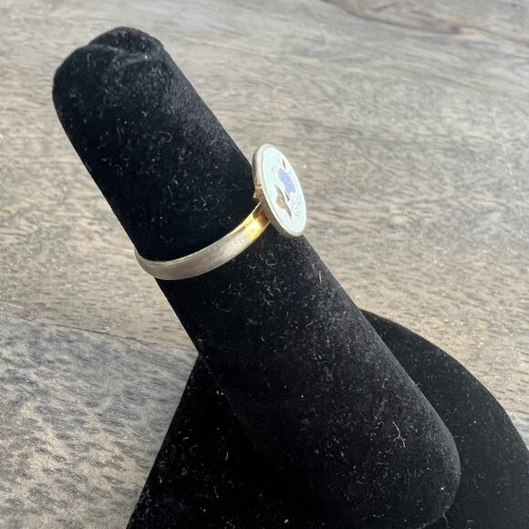 🍭6/$30 Adjustable dainty enamel purple pansy ring on gold tone band - size 4.75 - Picture 4 of 7